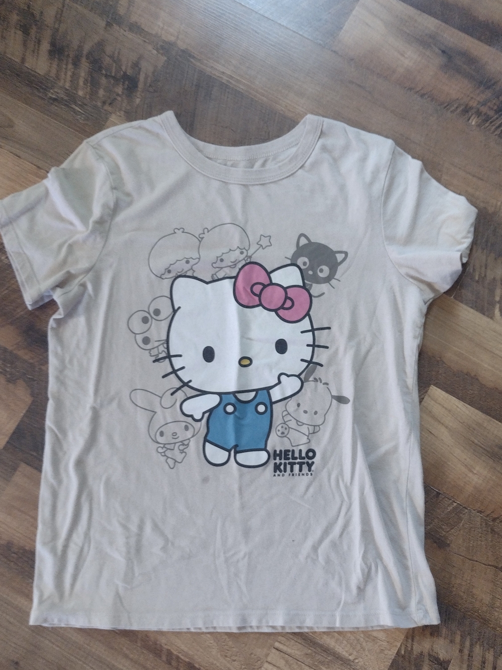 Hello Kitty White Tee with Pink Bow and Blue Overalls Graphic